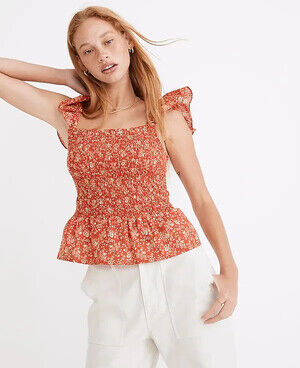 Madewell Lucie Smocked Size 10 Piazza Floral Fresh Chili Cropped Peplum Top NWT